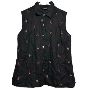 Style&co. Button Up Blouse 100% Linen Embroidered Floral Sleeveless Black 10